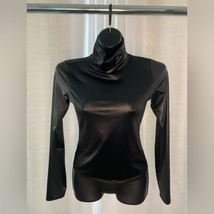 Long Sleeve Shinestar Black Leather Like Top